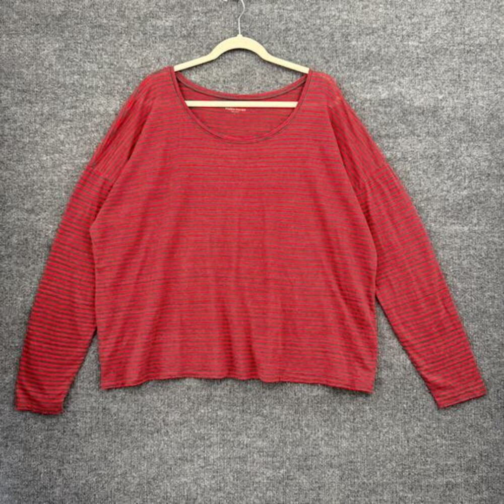 Eileen Fisher Womens 100% Linen Long Sleeve T Shirt Size L Gray Red Striped Boxy